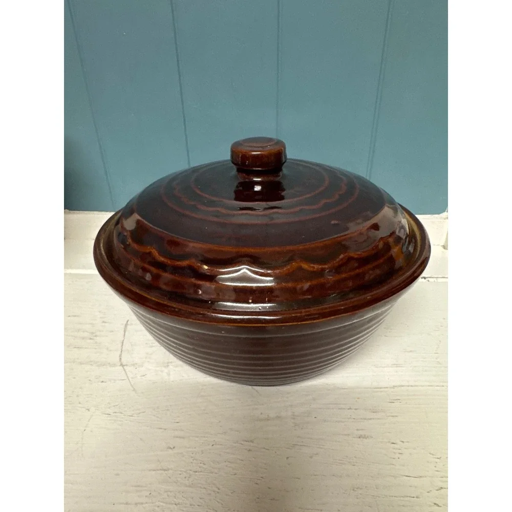 Vintage Brown Stoneware Casserole Dish with Lid Embossed Floral Base